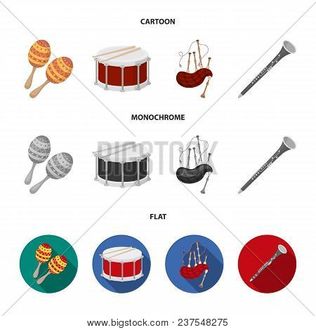 Maracas, Drum, Scottish Bagpipes, Clarinet. Musical Instruments Set Collection Icons In Cartoon, Fla