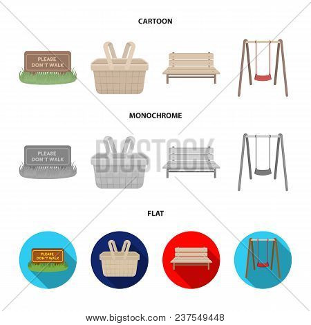 Lawn With A Sign, A Basket With Food, A Bench, A Swing. Park Set Collection Icons In Cartoon, Flat, 