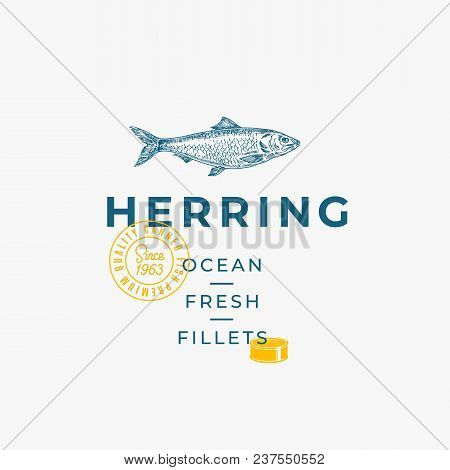 Ocean Fresh Fillets Abstract Vector Sign, Symbol Or Logo Template. Hand Drawn Herring Fish With Prem