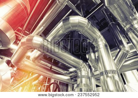 Industrial Zone, Steel Pipelines, Valves, Cables And Walkways