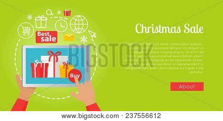 Best Christmas Sale Of Colourful Presents Online All Around World. Vector Illustration Of Buying Box