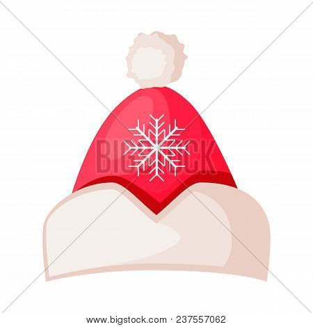 Santa Claus Hat With Snowflake In Center Isolated On White. Winter Fur Woolen Cap With Pompom Father