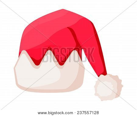 Santa Claus Hat With Trim In Crown Form Isolated On White. Unisex Winter Fur Woolen Cap. Father Chri