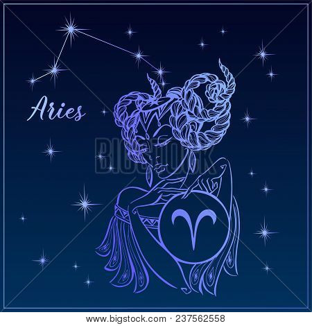 Zodiac Sign Aries As A Beautiful Girl. The Constellation Of Aries. Night Sky.  Horoscope. Astrology.