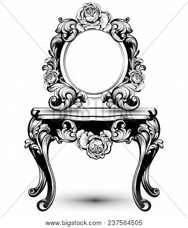Stylish Console Table And Mirror Frame With Rose Flowers Decorations Vector. Intricate Ornaments Lin