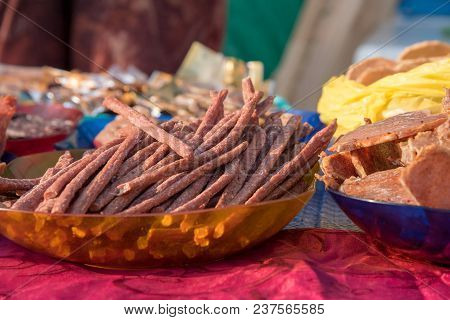 Tasty Delicatessen Maral Or Deer Meat In The Form Of Chips In The Market