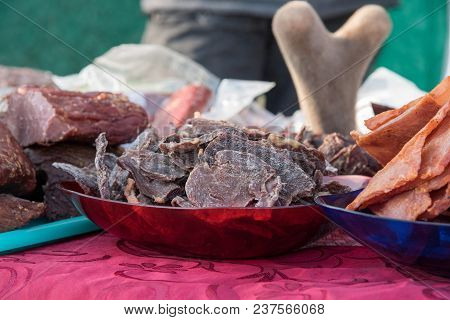 Tasty Delicatessen Maral Or Deer Meat In The Form Of Chips In The Market