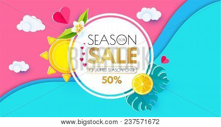 Summer Sale Layout Design Template. Paper Art. Season Offer Banner With Circle Banner, Citrus, Plume