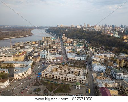 KIEV, UKRAINE - April 19, 2018: Cityscape on Kontraktova Square in Kiev city on spring.