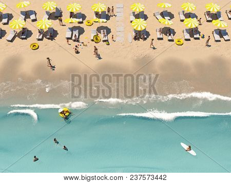 3d Rendering. Aerial Top View On The Beach With Lots Of Beach Umbrella