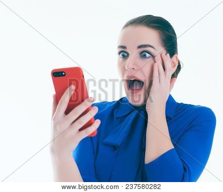 Suprised Real Estate Female Agent Talking On Mobile Phone. Busy Businesswoman Working On White Backg