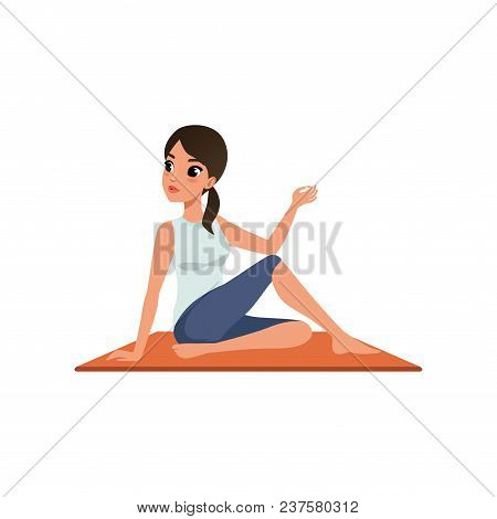 Girl Sitting In Yoga Spinal Twist Position, Beautiful Woman Practicing Yoga Vector Illustration Isol