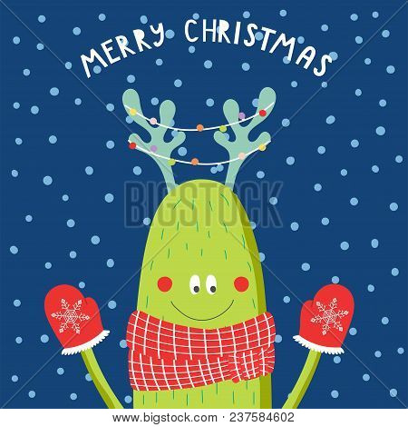 Hand Drawn Christmas Greeting Card With Cute Funny Monster With Deer Antlers, Scarf, Mittens, In The