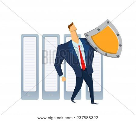 Man In Business Suit With A Shield Standing In Front Of Raw Of Servers. Protecting Your Personal Dat