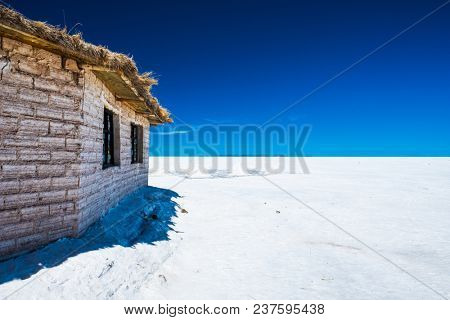 Building made from salt in the middle of Salar de Uyuni. Bolivia