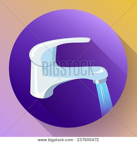 Water Tap With Flowing Water. Metal Water Faucet Icon, Faucet Water Vector
