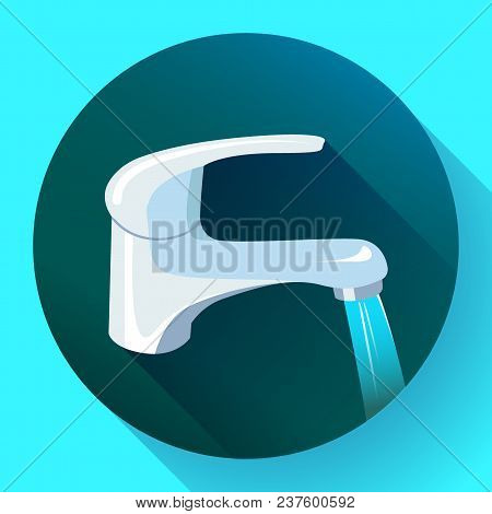 Water Tap With Flowing Water. Metal Water Faucet Icon, Faucet Water Vector
