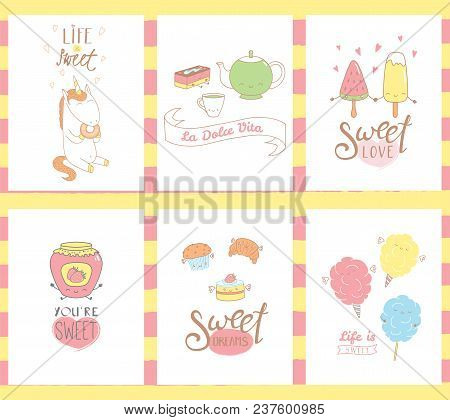 Collection Of Hand Drawn Templates For Greeting Cards, With Sweet Food Doodles, With Kawaii Faces An