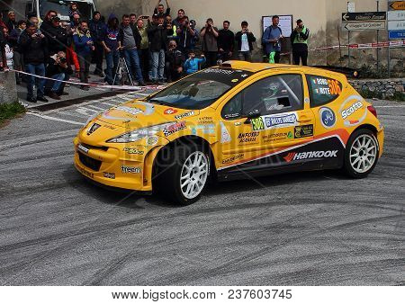 Imperia Italy - April 22 2018 - 65th Sanremo Rally: A Peugeot 207  Engaged In The Race During The Sp