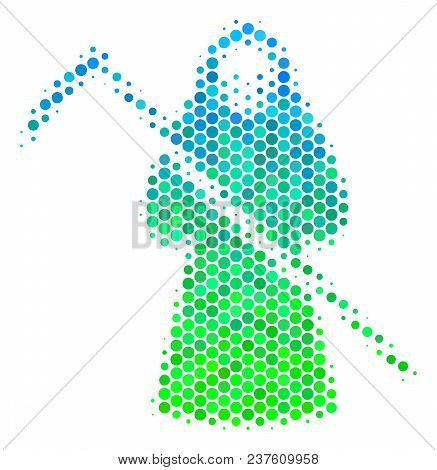 Halftone Circle Death Scytheman Pictogram. Pictogram In Green And Blue Color Hues On A White Backgro