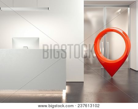 Large Hall With Chairs And Office Reception And Red Geotag Or Map Pin. 3d Rendering