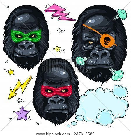 Vector Illustration Sketch, Of Comic Style Colorful Icons, Set Portrait Monkey, Mask Gorilla And Pir