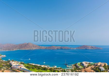 Panoramic view at Mirabello bay and town of Elounda, Crete. Greece