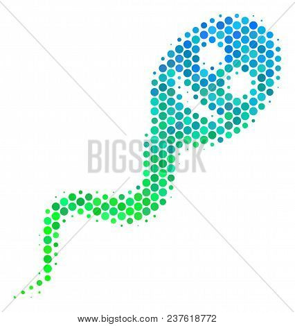Halftone Round Spot Happy Spermatozoon Icon. Icon In Green And Blue Shades On A White Background. Ve