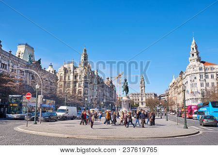 Porto, Portugal - March 26, 2018: Town Square, Porto City Hall In The Avenida Dos Aliados