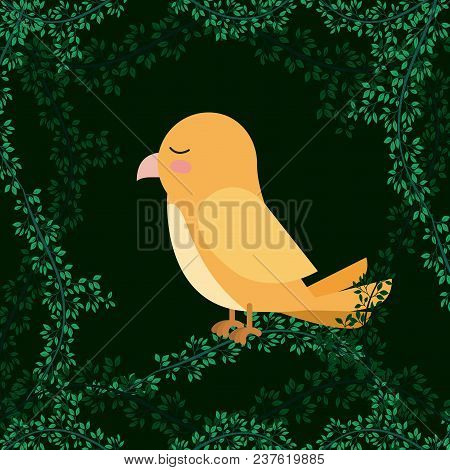 Cute Yellow Bird In Forest Scape Scene Vector Illustration Design