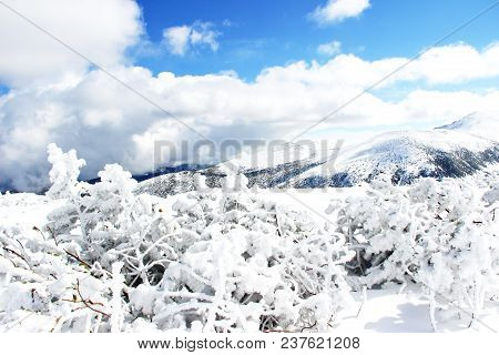 Snow-covered Mountains In Bulgaria, Mount Musala, Rila Mountain Range. Ski Resort Borovets