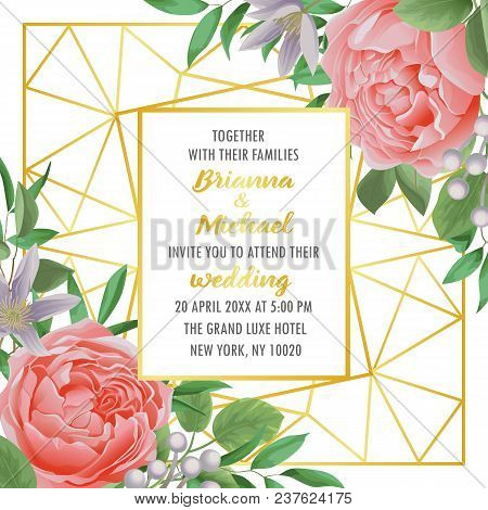 Floral Wedding Invitation With Geometric Gold Frame, Flowers, Herb Branches In Watercolor Style On M
