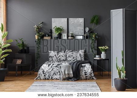 Grey Floral Bedroom Interior