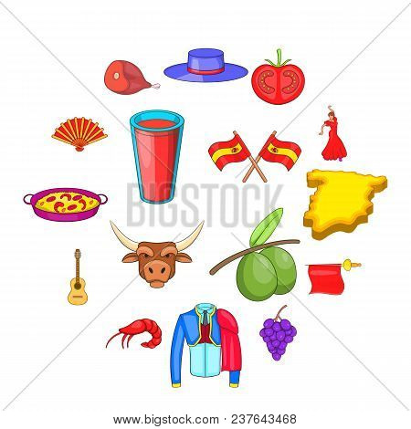 Spain Icons Set In Cartoon Style. Spain Travel Attractions Set Collection Vector Illustration
