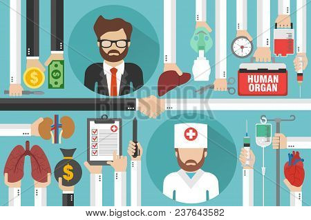 Human Transplatation Flad Design Business With Doctor And Businessman.vector Illustration