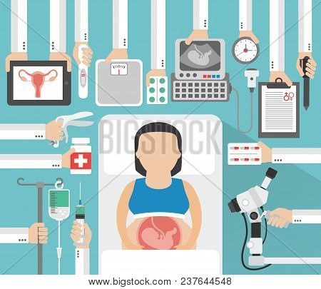 Medical Flat Gynecology,pregnancy With Female Patient,pregnant Woman.vector Illustration