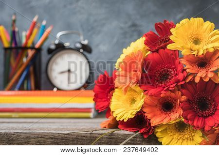 1 September Concept Postcard, Teachers Day, Back To School, Supplies, Alarm Clock, Toned Vintage