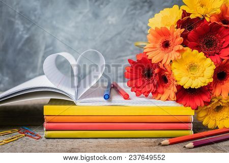 1 September Concept Postcard, Teachers Day, Back To School, Supplies, Alarm Clock, Toned Vintage