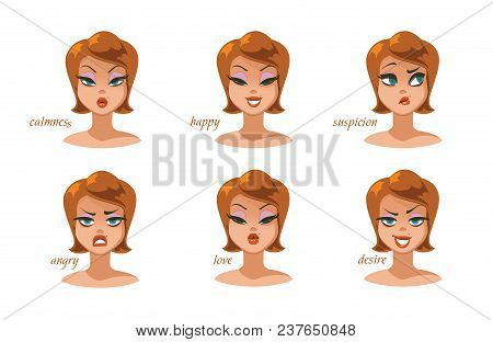 Beautiful Women Character Expressions Set. Calmness, Happy, Suspicion, Fear, Angry, Laughter, Sadnes