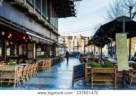 LIEGE, BELGIUM - February 24, 2018: Outdoor cafe in Liege city, Belgium 