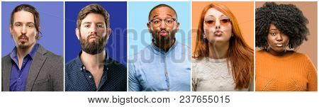 Group of cool people, woman and man expressing love, blows kiss at camera, flirting