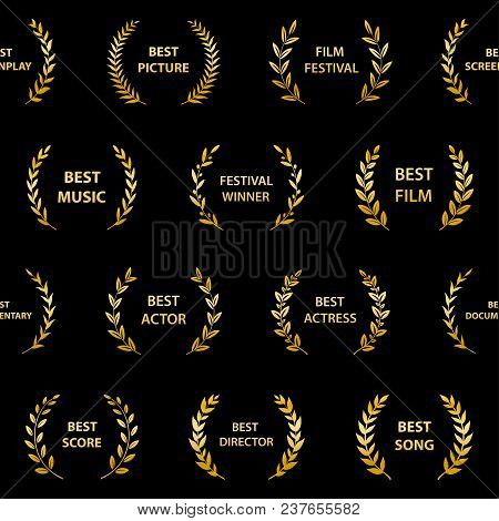 Golden Film Award Wreaths. Seamless Pattern. Vector Illustration.