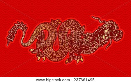 Vector Illustration Of A Chinese Gold Dragon. Golden Chinese Dragon On Red Pattern Background.