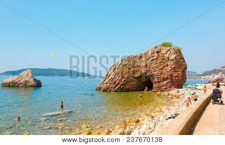 Rafailovici. Montenegro - August, 2017. Beautiful View On Wild Beach In Rafailovici On The Budva Riv