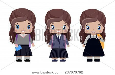 Little Girl, With Long Brown Hair In Different School Uniforms, With School Backpack, Diary, Smiling