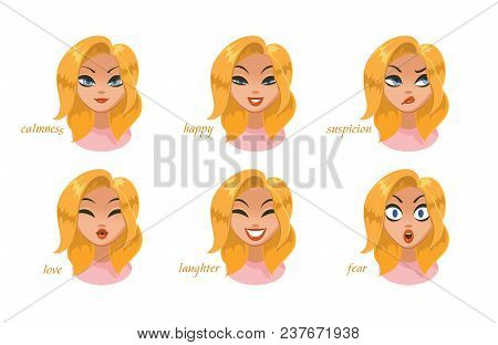 Beautiful Women Character Expressions Set. Calmness, Happy, Suspicion, Fear, Angry, Laughter, Sadnes