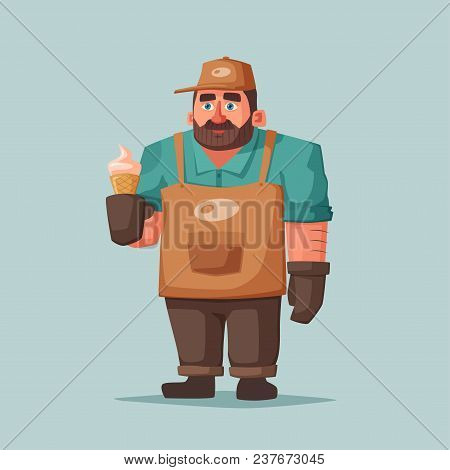 Street Food And Beverages Funny Hawker. Cartoon Vector Illustration. Seller Or Chef Character. Big A
