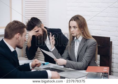 Woman Accountant Explain Economic Indicators. Business Partners, Disappointed Businessmen At Meeting