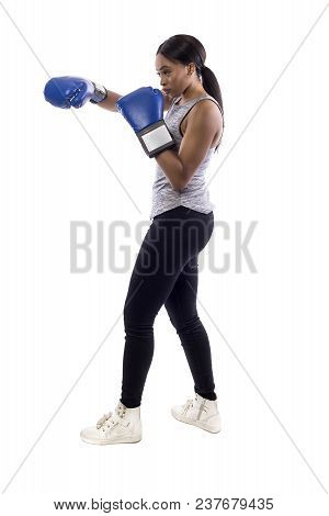 Black Female Isolated On A White Background Wearing Boxing Gloves Working Out With Box Aerobics Card