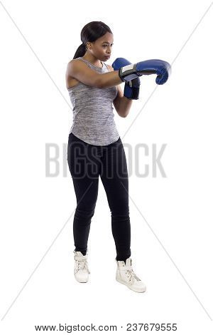 Black Female Isolated On A White Background Wearing Boxing Gloves Working Out With Box Aerobics Card